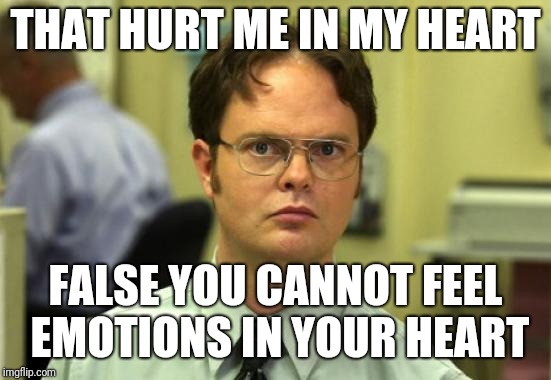 Dwight Schrute Meme | THAT HURT ME IN MY HEART; FALSE YOU CANNOT FEEL EMOTIONS IN YOUR HEART | image tagged in memes,dwight schrute | made w/ Imgflip meme maker