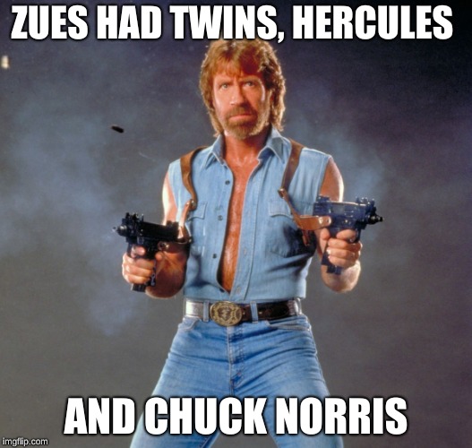 Chuck Norris Guns | ZUES HAD TWINS, HERCULES; AND CHUCK NORRIS | image tagged in memes,chuck norris guns,chuck norris | made w/ Imgflip meme maker