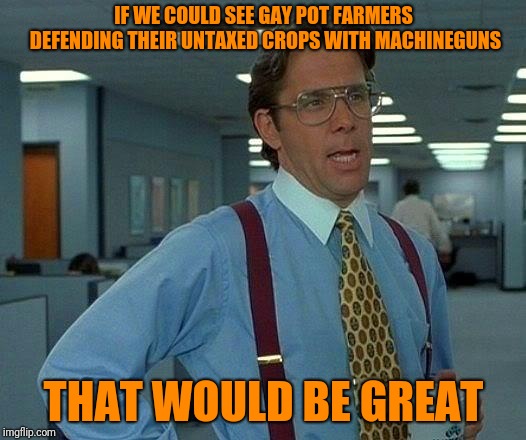 Left and Right: Minds Blown | IF WE COULD SEE GAY POT FARMERS DEFENDING THEIR UNTAXED CROPS WITH MACHINEGUNS; THAT WOULD BE GREAT | image tagged in memes,politics,dank | made w/ Imgflip meme maker