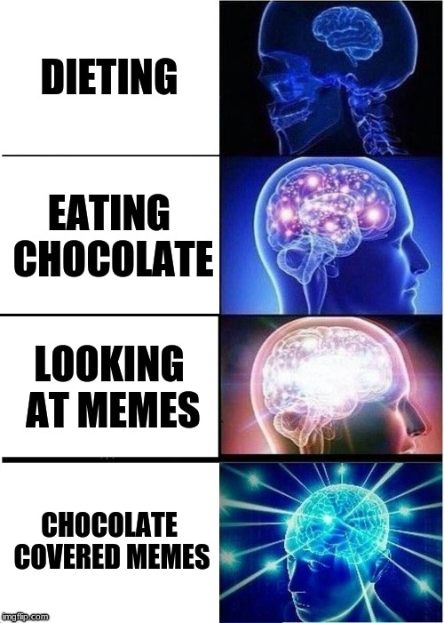 Expanding Brain | DIETING; EATING CHOCOLATE; LOOKING AT MEMES; CHOCOLATE COVERED MEMES | image tagged in memes,expanding brain | made w/ Imgflip meme maker