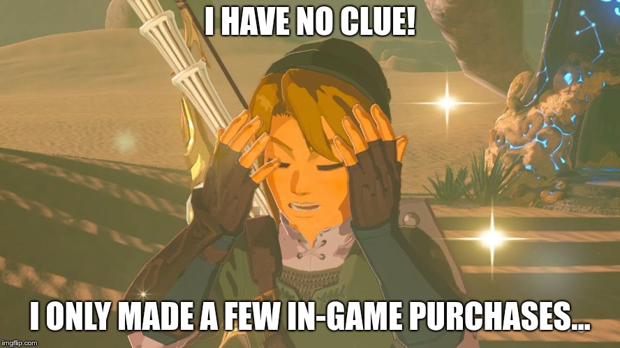 Link WTF | I HAVE NO CLUE! I ONLY MADE A FEW IN-GAME PURCHASES... | image tagged in link wtf | made w/ Imgflip meme maker