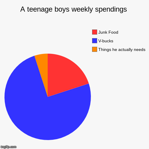 A teenage boys weekly spendings | Things he actually needs, V-bucks, Junk Food | image tagged in funny,pie charts | made w/ Imgflip chart maker