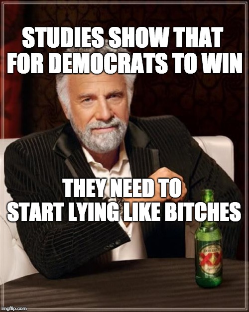 The Most Interesting Man In The World Meme | STUDIES SHOW THAT FOR DEMOCRATS TO WIN; THEY NEED TO START LYING LIKE BITCHES | image tagged in memes,the most interesting man in the world | made w/ Imgflip meme maker