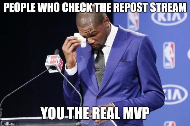 You The Real MVP 2 Meme | PEOPLE WHO CHECK THE REPOST STREAM YOU THE REAL MVP | image tagged in memes,you the real mvp 2 | made w/ Imgflip meme maker