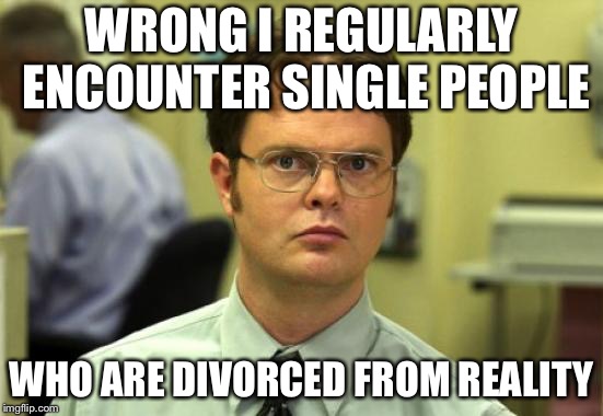 Dwight Schrute Meme | WRONG I REGULARLY ENCOUNTER SINGLE PEOPLE WHO ARE DIVORCED FROM REALITY | image tagged in memes,dwight schrute | made w/ Imgflip meme maker