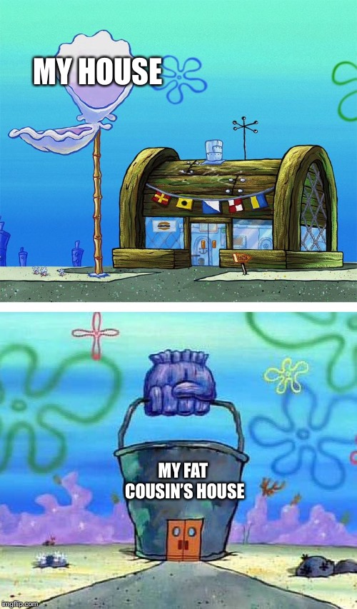 Apparently my cousin lives in an apartment lol | MY HOUSE; MY FAT COUSIN’S HOUSE | image tagged in memes,krusty krab vs chum bucket blank,house,comparison | made w/ Imgflip meme maker