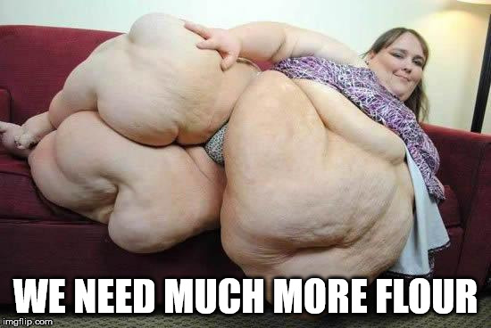 fat girl | WE NEED MUCH MORE FLOUR | image tagged in fat girl | made w/ Imgflip meme maker