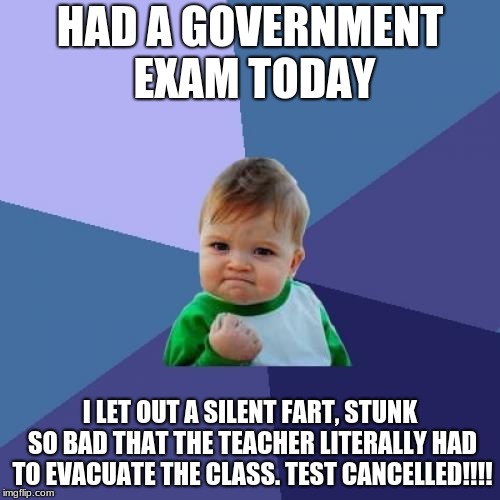 Success Kid | HAD A GOVERNMENT EXAM TODAY; I LET OUT A SILENT FART, STUNK SO BAD THAT THE TEACHER LITERALLY HAD TO EVACUATE THE CLASS. TEST CANCELLED!!!! | image tagged in memes,success kid | made w/ Imgflip meme maker