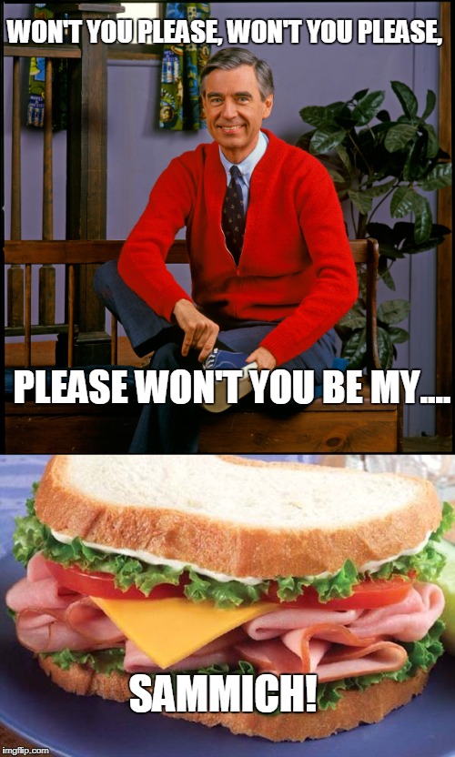 Would you be my... would you be my... | WON'T YOU PLEASE, WON'T YOU PLEASE, PLEASE WON'T YOU BE MY.... SAMMICH! | image tagged in meme,funny,sammich,mr roger | made w/ Imgflip meme maker