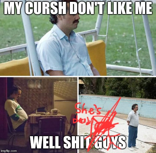 Sad Pablo Escobar Meme | MY CURSH DON'T LIKE ME; WELL SHIT GUYS | image tagged in sad pablo escobar | made w/ Imgflip meme maker