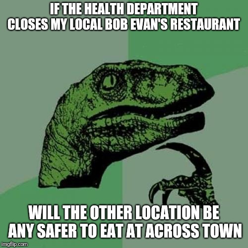 Philosoraptor | IF THE HEALTH DEPARTMENT CLOSES MY LOCAL BOB EVAN'S RESTAURANT; WILL THE OTHER LOCATION BE ANY SAFER TO EAT AT ACROSS TOWN | image tagged in memes,philosoraptor | made w/ Imgflip meme maker