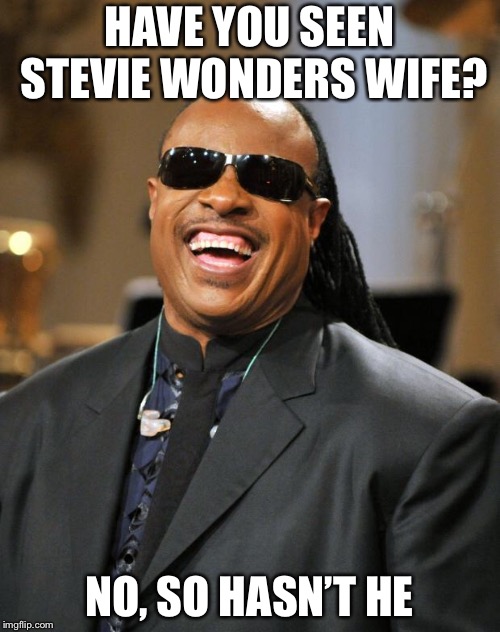 Stevie Wonder | HAVE YOU SEEN STEVIE WONDERS WIFE? NO, SO HASN’T HE | image tagged in stevie wonder | made w/ Imgflip meme maker