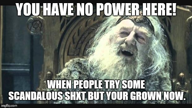 You have no power here | YOU HAVE NO POWER HERE! WHEN PEOPLE TRY SOME SCANDALOUS SHXT BUT YOUR GROWN NOW. | image tagged in you have no power here | made w/ Imgflip meme maker