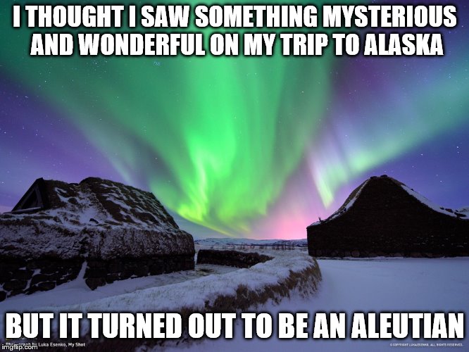 Alaska Northern Lights | I THOUGHT I SAW SOMETHING MYSTERIOUS AND WONDERFUL ON MY TRIP TO ALASKA; BUT IT TURNED OUT TO BE AN ALEUTIAN | image tagged in alaska northern lights | made w/ Imgflip meme maker