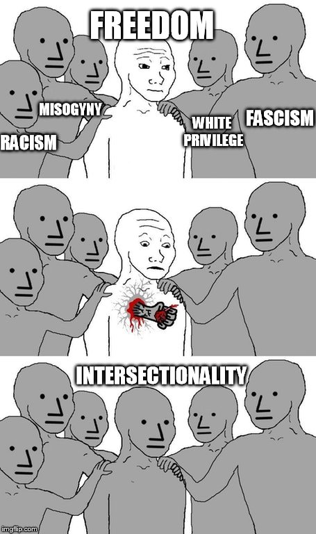 saying the wrong thing draws aggro, then the mob attacks | FREEDOM; FASCISM; MISOGYNY; WHITE PRIVILEGE; RACISM; INTERSECTIONALITY | image tagged in npc wojak conversion,aggro,mob,npc,wojak | made w/ Imgflip meme maker
