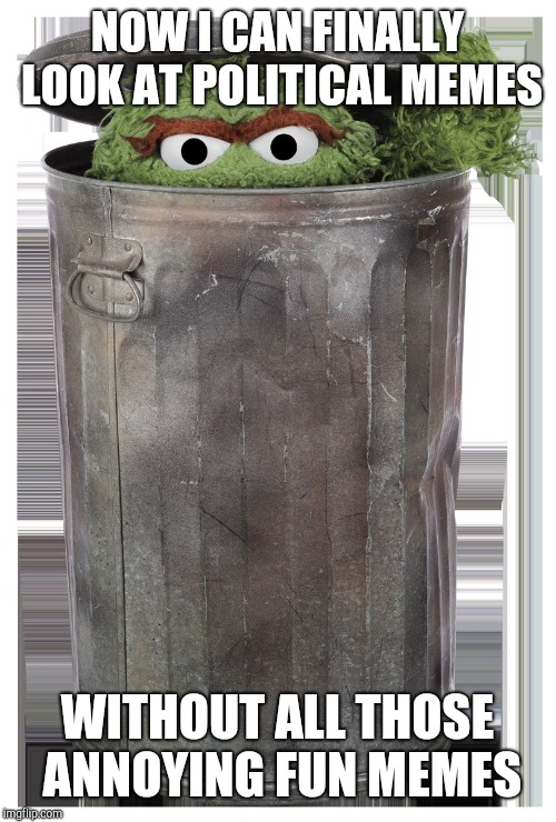 oscar the grouch | NOW I CAN FINALLY LOOK AT POLITICAL MEMES; WITHOUT ALL THOSE ANNOYING FUN MEMES | image tagged in oscar the grouch | made w/ Imgflip meme maker