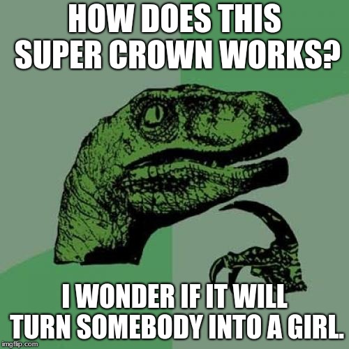 Now im starting to wonder... | HOW DOES THIS SUPER CROWN WORKS? I WONDER IF IT WILL TURN SOMEBODY INTO A GIRL. | image tagged in memes,philosoraptor | made w/ Imgflip meme maker