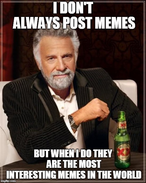 Most Interesting Meme | I DON'T ALWAYS POST MEMES; BUT WHEN I DO THEY ARE THE MOST INTERESTING MEMES IN THE WORLD | image tagged in memes,the most interesting man in the world | made w/ Imgflip meme maker