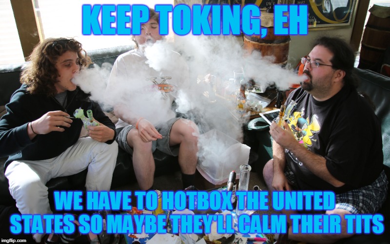 Smoke Up Canada | KEEP TOKING, EH; WE HAVE TO HOTBOX THE UNITED STATES SO MAYBE THEY'LL CALM THEIR TITS | image tagged in meanwhile in canada,pot,smoking weed,united states | made w/ Imgflip meme maker