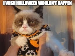 Grumpy Cat Halloween Meme | I WISH HALLOWEEN WOULDN'T HAPPEN | image tagged in memes,grumpy cat halloween,grumpy cat | made w/ Imgflip meme maker