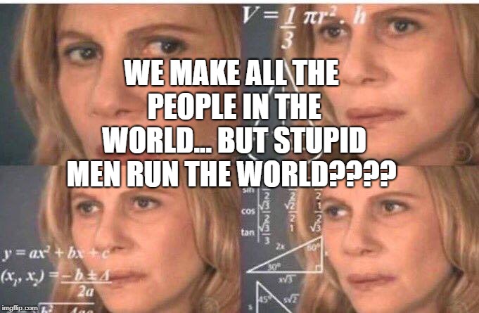 Confused Math Lady | WE MAKE ALL THE PEOPLE IN THE WORLD... BUT STUPID MEN RUN THE WORLD???? | image tagged in confused math lady | made w/ Imgflip meme maker