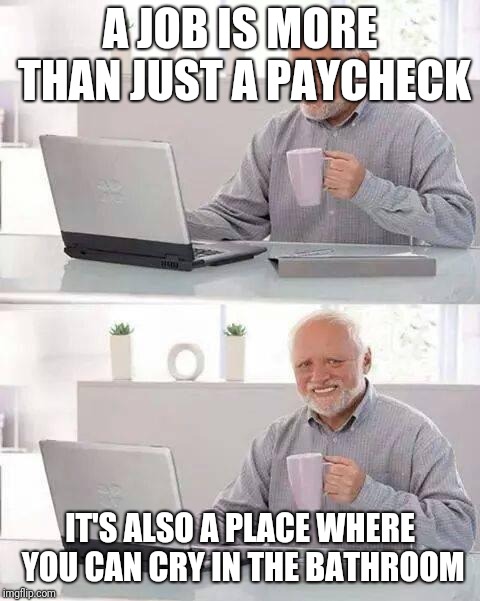 Hide the Pain Harold Meme |  A JOB IS MORE THAN JUST A PAYCHECK; IT'S ALSO A PLACE WHERE YOU CAN CRY IN THE BATHROOM | image tagged in memes,hide the pain harold | made w/ Imgflip meme maker