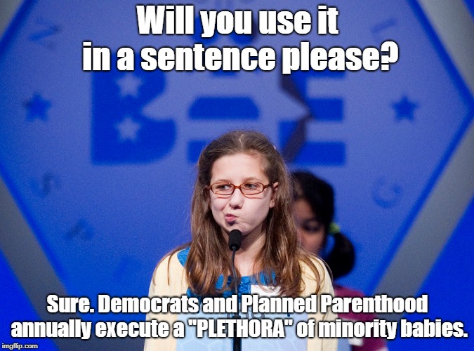 Will you use it in a sentence please? Sure. Democrats and Planned Parenthood annually execute a "PLETHORA" of minority babies. | image tagged in spelling bee,planned parenthood,abortion | made w/ Imgflip meme maker