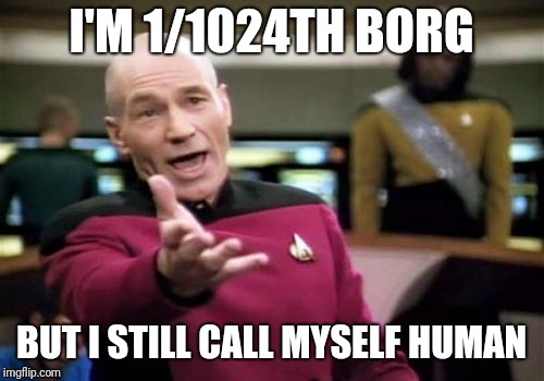 Picard Wtf | I'M 1/1024TH BORG; BUT I STILL CALL MYSELF HUMAN | image tagged in memes,picard wtf | made w/ Imgflip meme maker