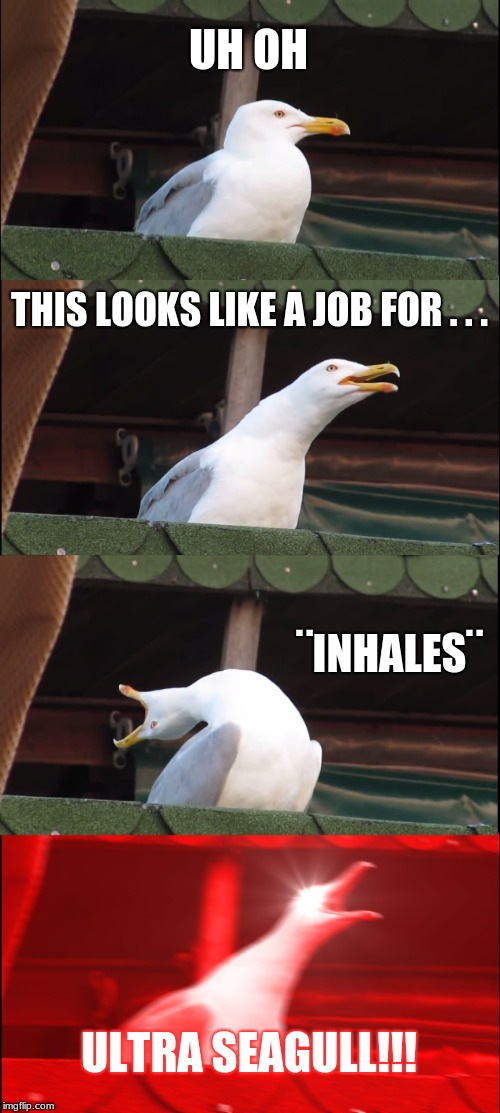 Inhaling Seagull Meme | UH OH; THIS LOOKS LIKE A JOB FOR . . . ¨INHALES¨; ULTRA SEAGULL!!! | image tagged in memes,inhaling seagull | made w/ Imgflip meme maker
