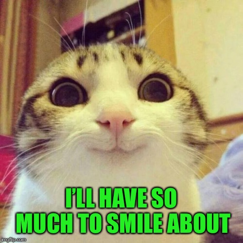 Smiling Cat Meme | I’LL HAVE SO MUCH TO SMILE ABOUT | image tagged in memes,smiling cat | made w/ Imgflip meme maker