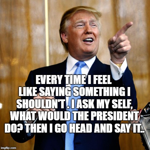 Donal Trump Birthday |  EVERY TIME I FEEL LIKE SAYING SOMETHING I SHOULDN'T . I ASK MY SELF, WHAT WOULD THE PRESIDENT DO? THEN I GO HEAD AND SAY IT.. | image tagged in donal trump birthday,funny,memes,funny memes,fun | made w/ Imgflip meme maker