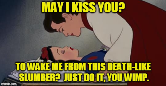 Man or Mouse? | MAY I KISS YOU? TO WAKE ME FROM THIS DEATH-LIKE SLUMBER?  JUST DO IT, YOU WIMP. | image tagged in snow white,political correctness | made w/ Imgflip meme maker