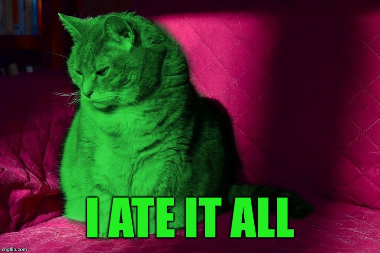 Cantankerous RayCat | I ATE IT ALL | image tagged in cantankerous raycat | made w/ Imgflip meme maker
