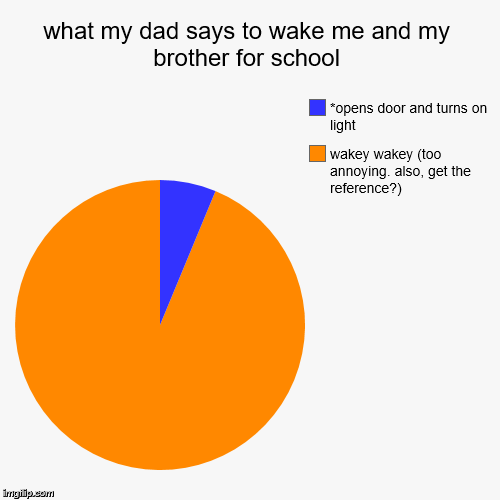 what my dad says to wake me and my brother for school | wakey wakey (too annoying. also, get the reference?), *opens door and turns on light | image tagged in funny,pie charts | made w/ Imgflip chart maker