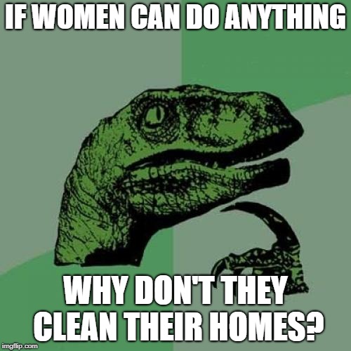 Philosoraptor | IF WOMEN CAN DO ANYTHING; WHY DON'T THEY CLEAN THEIR HOMES? | image tagged in memes,philosoraptor | made w/ Imgflip meme maker