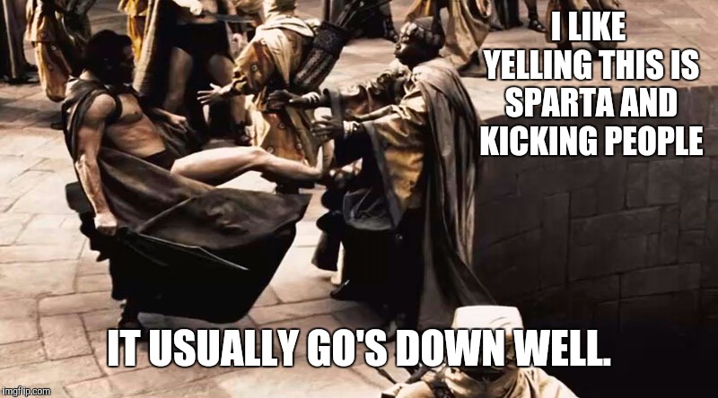 You see what I did there. | I LIKE YELLING THIS IS SPARTA AND KICKING PEOPLE; IT USUALLY GO'S DOWN WELL. | image tagged in memes,sparta leonidas,leonidas kicks,funny,repost | made w/ Imgflip meme maker