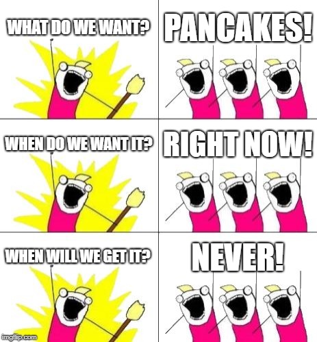 What Do We Want 3 Meme | WHAT DO WE WANT? PANCAKES! WHEN DO WE WANT IT? RIGHT NOW! WHEN WILL WE GET IT? NEVER! | image tagged in memes,what do we want 3 | made w/ Imgflip meme maker