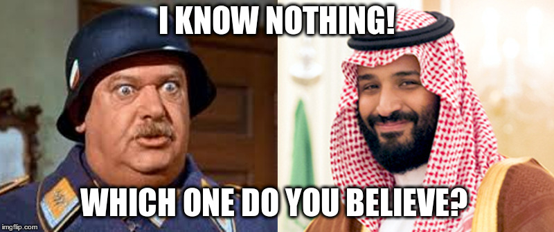Which one do you believe? | I KNOW NOTHING! WHICH ONE DO YOU BELIEVE? | image tagged in sargeant schultz,funny,jamal khashoggi,prince mohammed bin salman | made w/ Imgflip meme maker