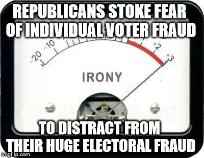 Irony Meter | REPUBLICANS STOKE FEAR OF INDIVIDUAL VOTER FRAUD TO DISTRACT FROM THEIR HUGE ELECTORAL FRAUD | image tagged in irony meter | made w/ Imgflip meme maker