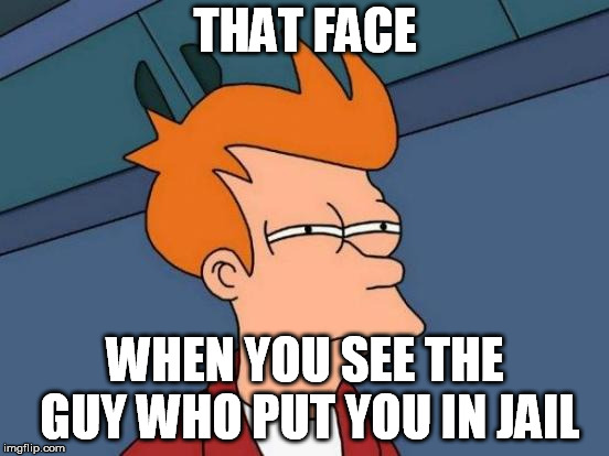 Futurama Fry | THAT FACE; WHEN YOU SEE THE GUY WHO PUT YOU IN JAIL | image tagged in memes,futurama fry | made w/ Imgflip meme maker