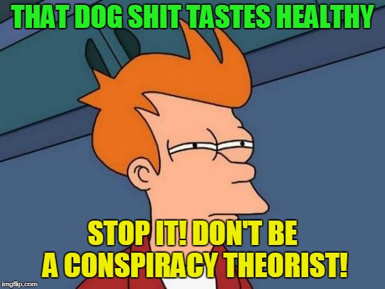 Futurama Fry Meme | THAT DOG SHIT TASTES HEALTHY STOP IT! DON'T BE A CONSPIRACY THEORIST! | image tagged in memes,futurama fry | made w/ Imgflip meme maker