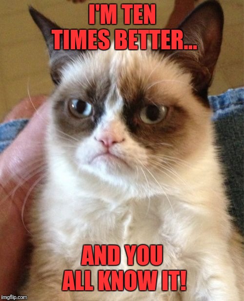 Grumpy Cat Meme | I'M TEN TIMES BETTER... AND YOU ALL KNOW IT! | image tagged in memes,grumpy cat | made w/ Imgflip meme maker
