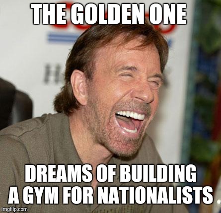 The Golden One dreams of building a gym for  | THE GOLDEN ONE; DREAMS OF BUILDING A GYM FOR NATIONALISTS | image tagged in memes,chuck norris laughing,chuck norris | made w/ Imgflip meme maker