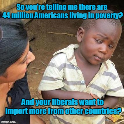 Does Not Compute | So you're telling me there are 44 million Americans living in poverty? And your liberals want to import more from other countries? | image tagged in memes,third world skeptical kid,poverty,usa,liberalism | made w/ Imgflip meme maker