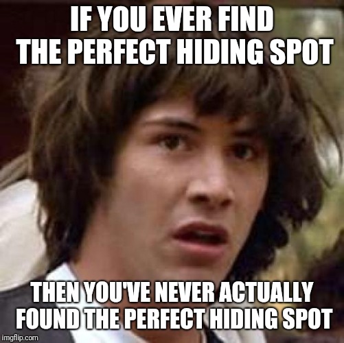 Conspiracy Keanu Meme | IF YOU EVER FIND THE PERFECT HIDING SPOT; THEN YOU'VE NEVER ACTUALLY FOUND THE PERFECT HIDING SPOT | image tagged in memes,conspiracy keanu | made w/ Imgflip meme maker