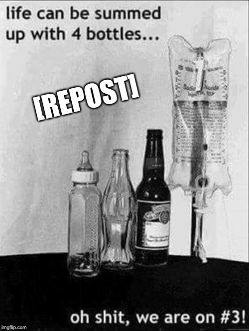 The Bottles of life.  One for Repost Week, a Pipe_Picasso event | [REPOST] | image tagged in repost week,life,bottle,funny,reposts,funny memes | made w/ Imgflip meme maker