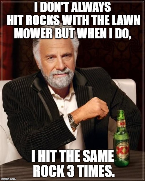 The Most Interesting Man In The World Meme | I DON'T ALWAYS HIT ROCKS WITH THE LAWN MOWER BUT WHEN I DO, I HIT THE SAME ROCK 3 TIMES. | image tagged in memes,the most interesting man in the world | made w/ Imgflip meme maker