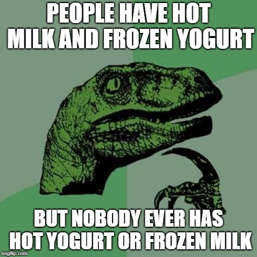 Or do they... | PEOPLE HAVE HOT MILK AND FROZEN YOGURT; BUT NOBODY EVER HAS HOT YOGURT OR FROZEN MILK | image tagged in memes,philosoraptor,milk,yogurt | made w/ Imgflip meme maker