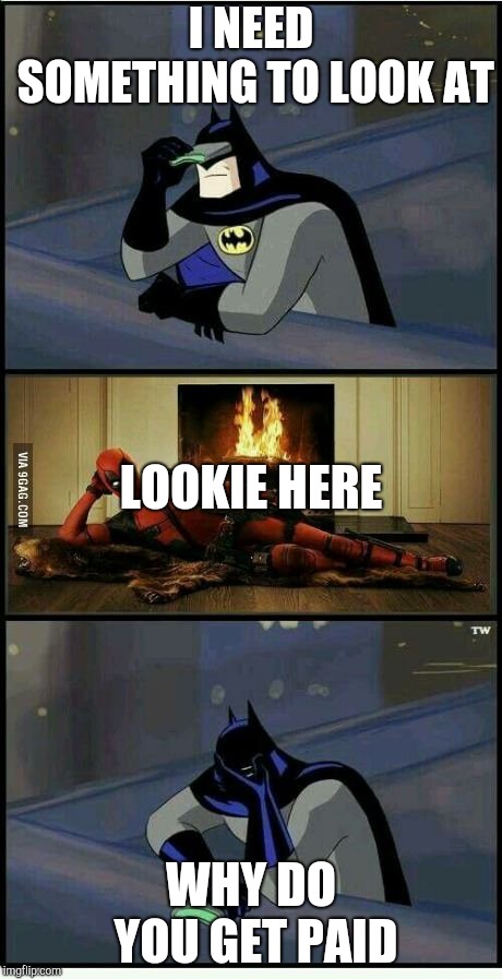 Batman and Deadpool | I NEED SOMETHING TO LOOK AT; LOOKIE HERE; WHY DO YOU GET PAID | image tagged in batman and deadpool | made w/ Imgflip meme maker