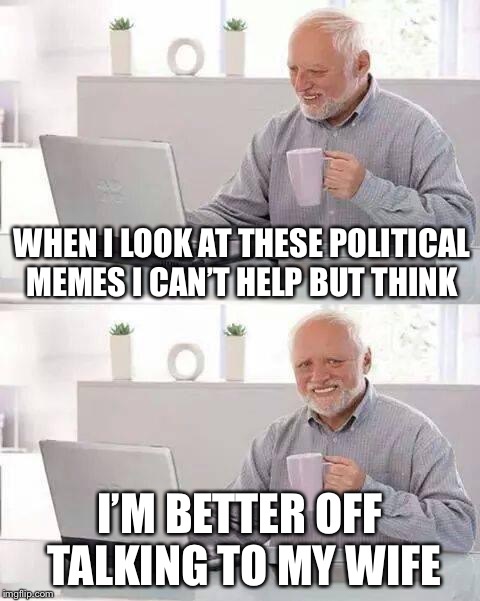 Hide the Pain Harold Meme | WHEN I LOOK AT THESE POLITICAL MEMES I CAN’T HELP BUT THINK; I’M BETTER OFF TALKING TO MY WIFE | image tagged in memes,hide the pain harold | made w/ Imgflip meme maker